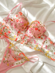 Freesia Çiçekli Balenli Dolgulu Push Up Büstiyer Takımı Pembe