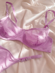 Lilac Basic Transparan Tül Balenli Demi Sütyen Takımı Lila
