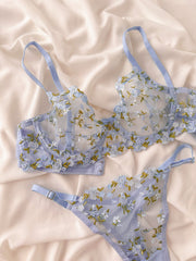 Elsa Çiçekli Balenli Balkonet Sütyen Takımı Mavi