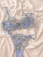 Elsa Çiçekli Balenli Balkonet Sütyen Takımı Mavi