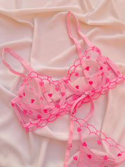 Fall ın Love Kalpli Balenli Balkonet Sütyen Takımı Pembe