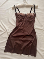 Anna İpeksi Saten Mini Balenli Gecelik - Günlük Elbise Kahverengi