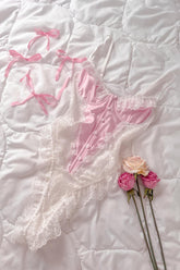 Premium Dantel Detaylı Saten Balenli Bodysuit Pembe