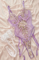 Lilac Premium Çiçekli Balenli Jartiyer Bodysuit Lila