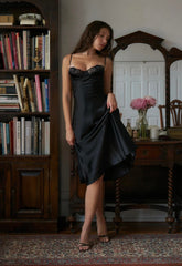 edde İpeksi Saten Midi Balenli Gecelik - Günlük Elbise Siyah