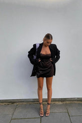 edde İpeksi Saten Mini Balenli Gecelik - Günlük Elbise Siyah