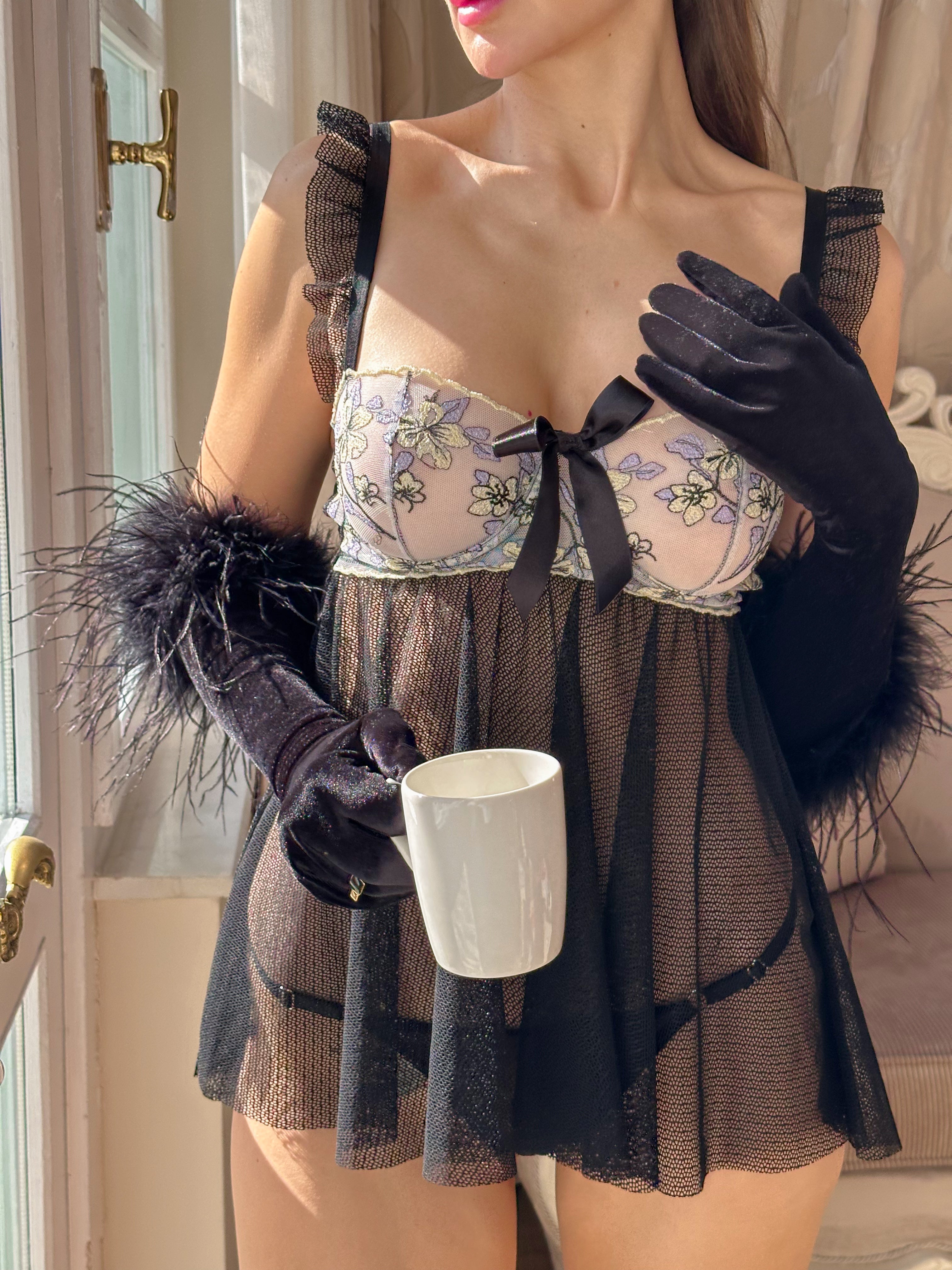 Prenses Balenli Babydoll Gecelik Takımı Siyah