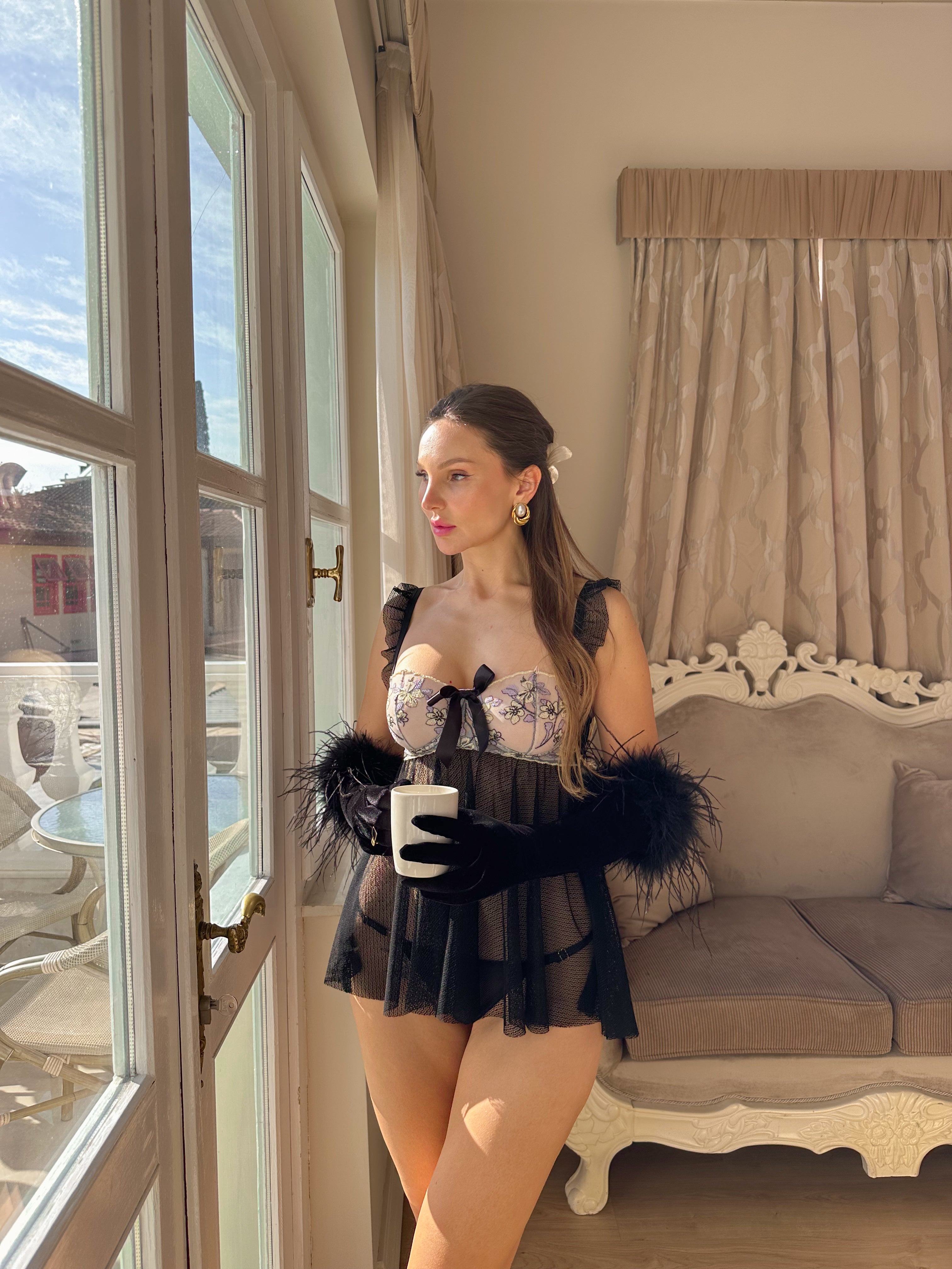 Prenses Balenli Babydoll Gecelik Takımı Siyah