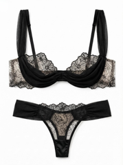 Sofia Tül Detaylı Premium Balenli Balkonet Sütyen Takımı Siyah
