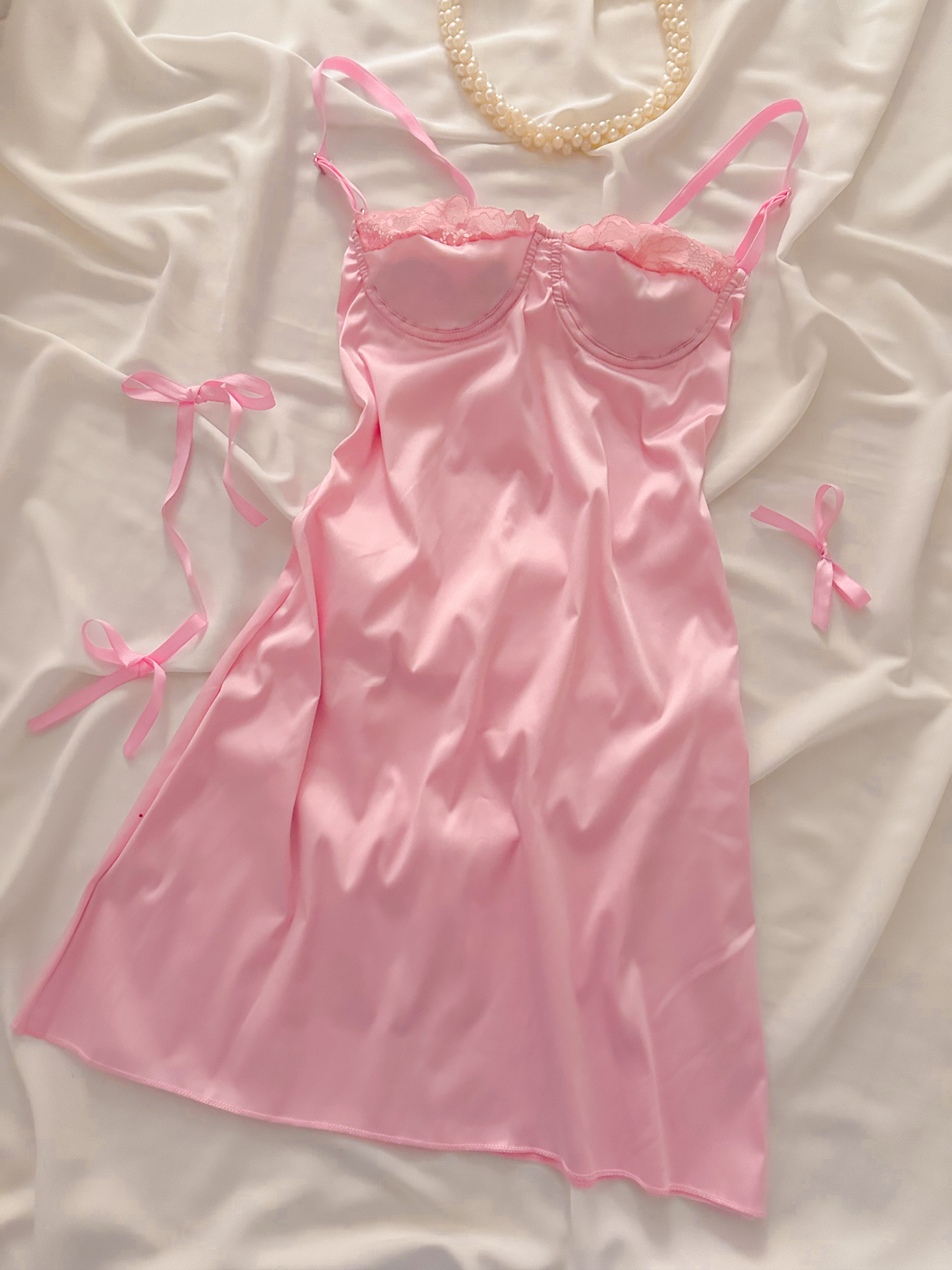 Barbie Soft İpeksi Saten Mini Balenli Gecelik - Günlük Elbise Pembe