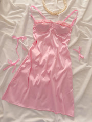 Barbie Soft İpeksi Saten Mini Balenli Gecelik - Günlük Elbise Pembe