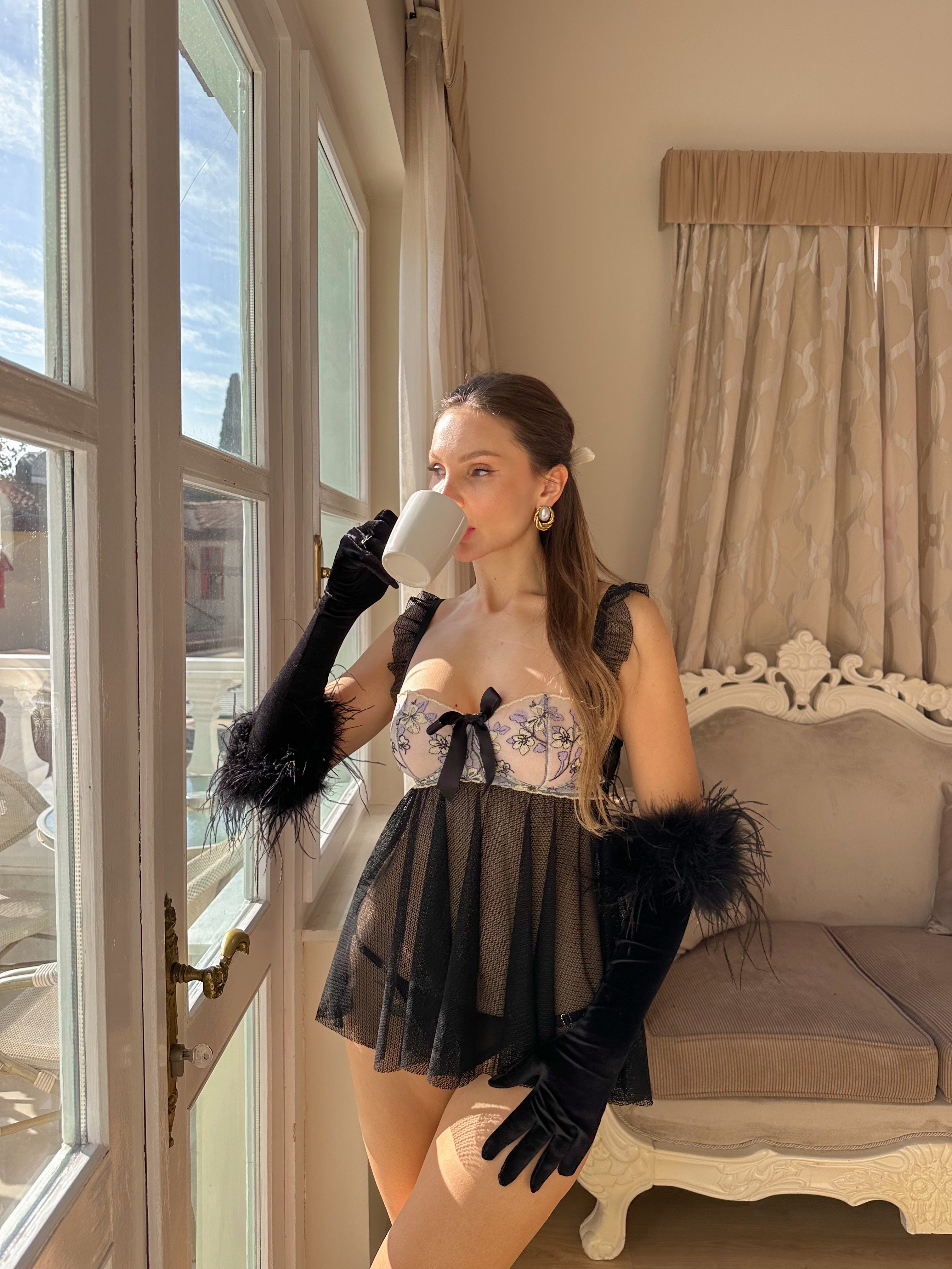 Prenses Balenli Babydoll Gecelik Takımı Siyah