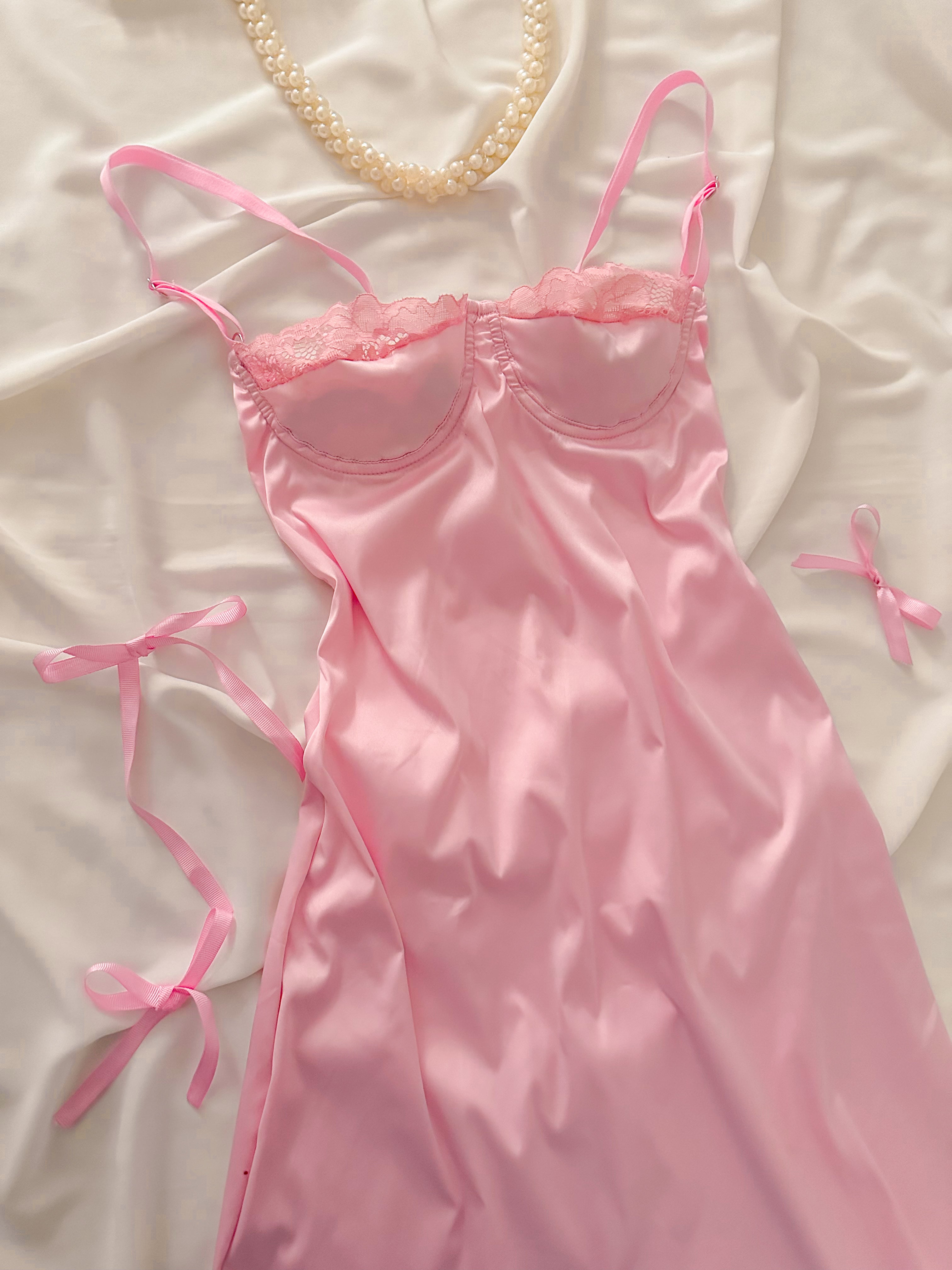 Barbie Soft İpeksi Saten Mini Balenli Gecelik - Günlük Elbise Pembe