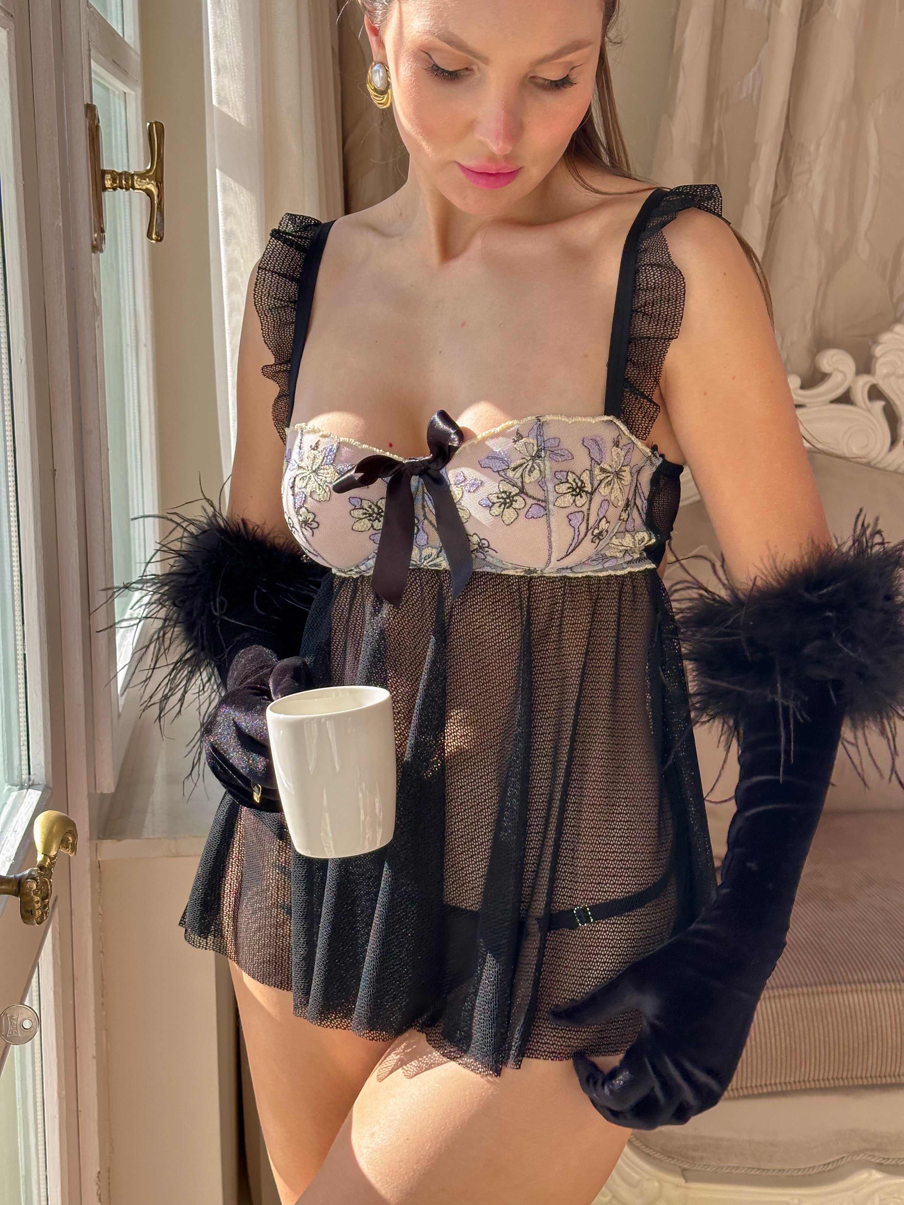 Prenses Balenli Babydoll Gecelik Takımı Siyah