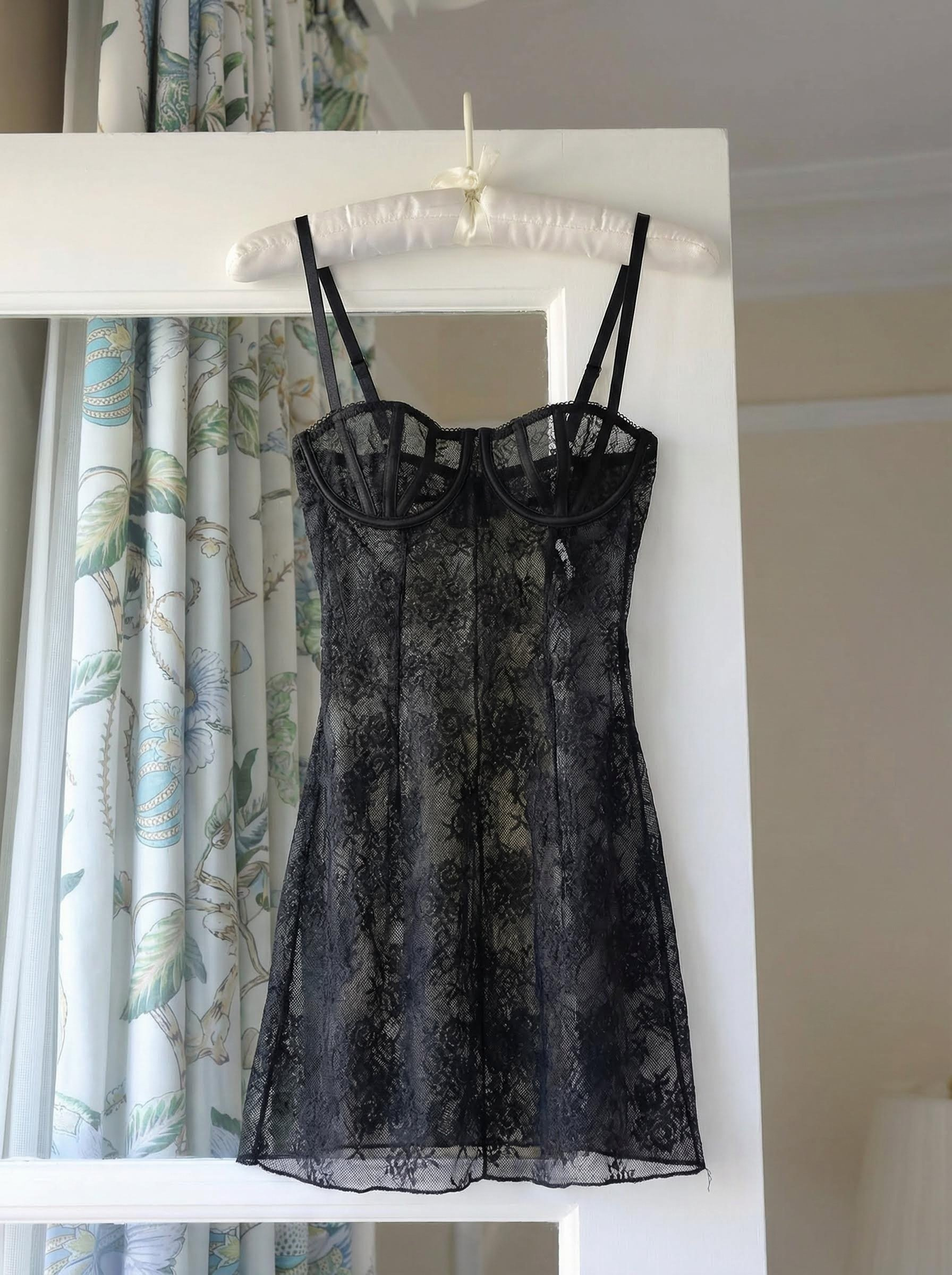 Prenses Dantel Mini Balenli Babydoll Siyah