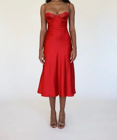 Elena İpeksi Saten Midi Balenli Gecelik - Günlük Elbise Kırmızı