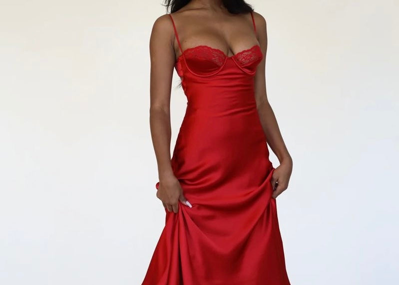 Elena İpeksi Saten Midi Balenli Gecelik - Günlük Elbise Kırmızı