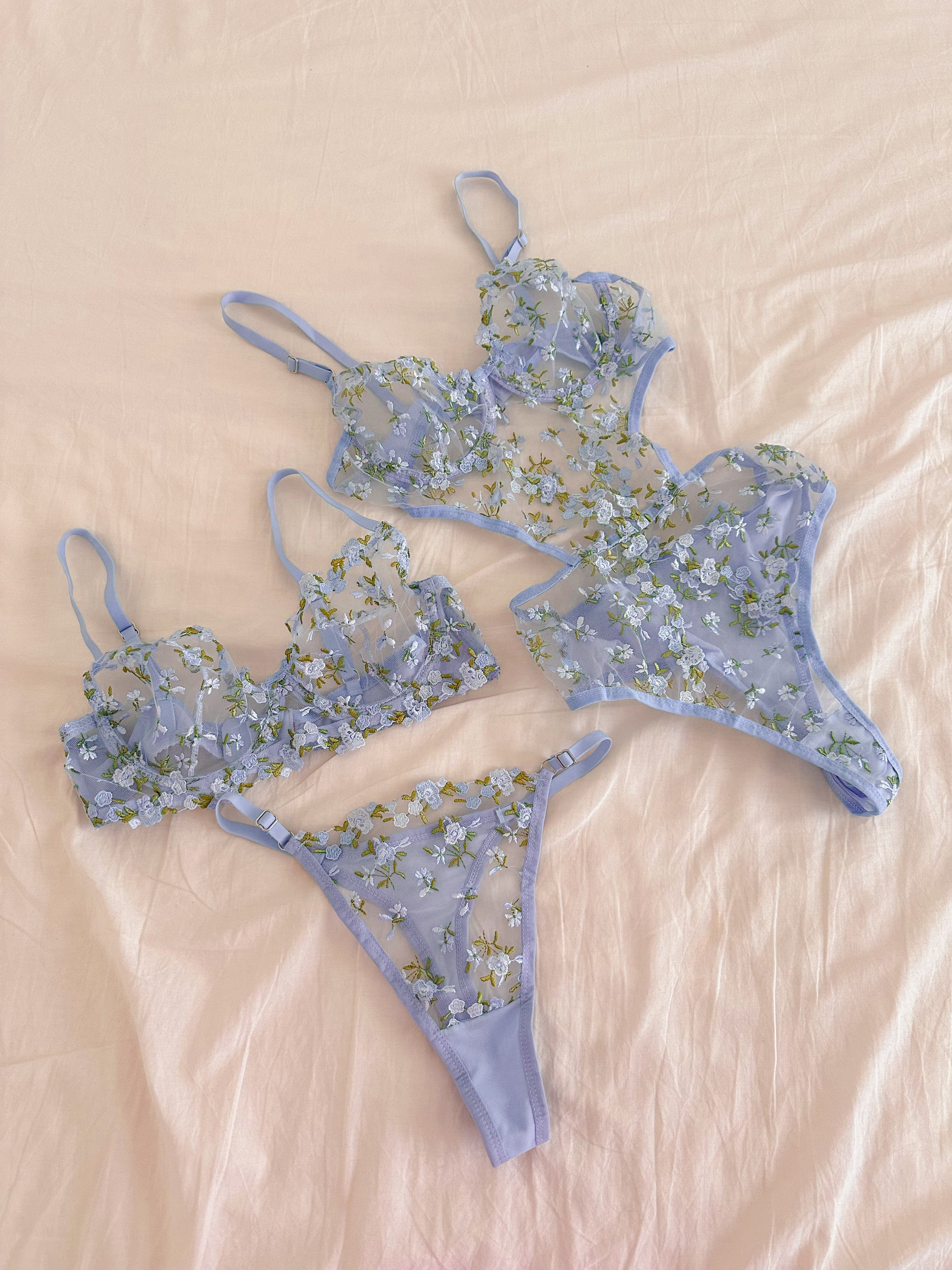 Elsa Çiçekli Balenli Balkonet Bodysuit ve Sütyen Takımı Mavi
