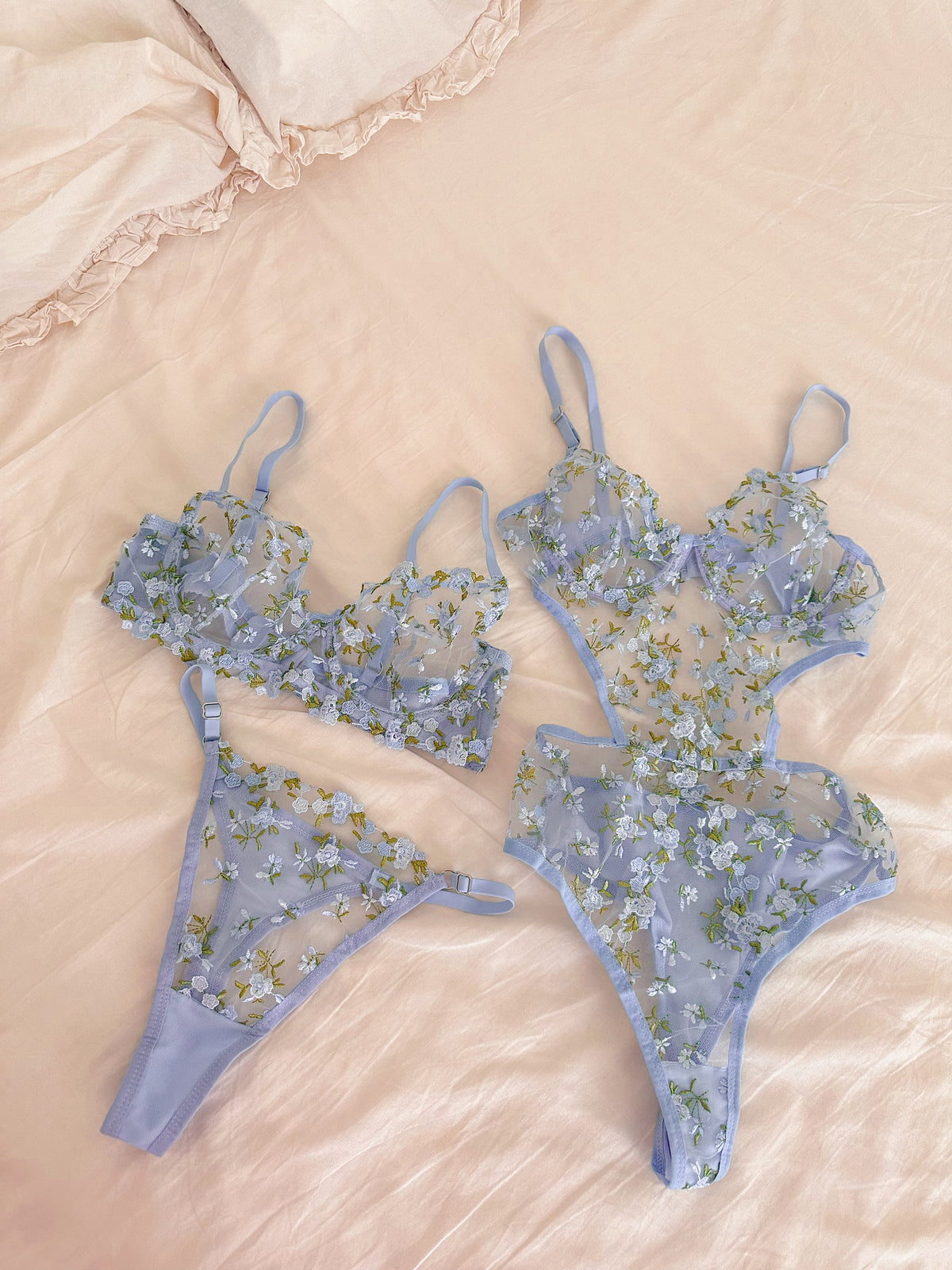 Elsa Çiçekli Balenli Balkonet Bodysuit ve Sütyen Takımı Mavi