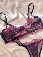 İvy Desenli Balenli Balkonet Sütyen Takımı Siyah