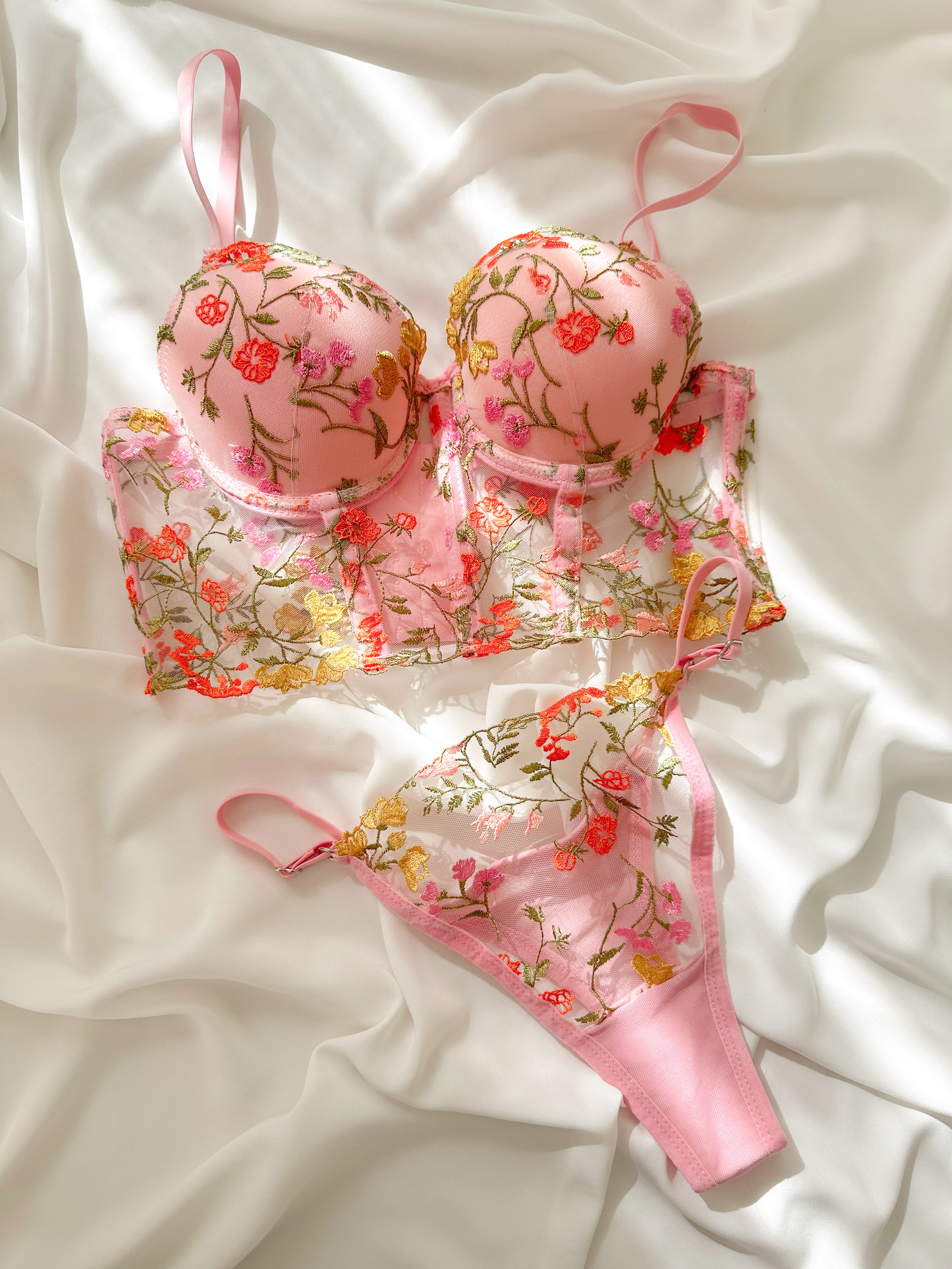 Freesia Çiçekli Balenli Dolgulu Push Up Büstiyer Takımı Pembe