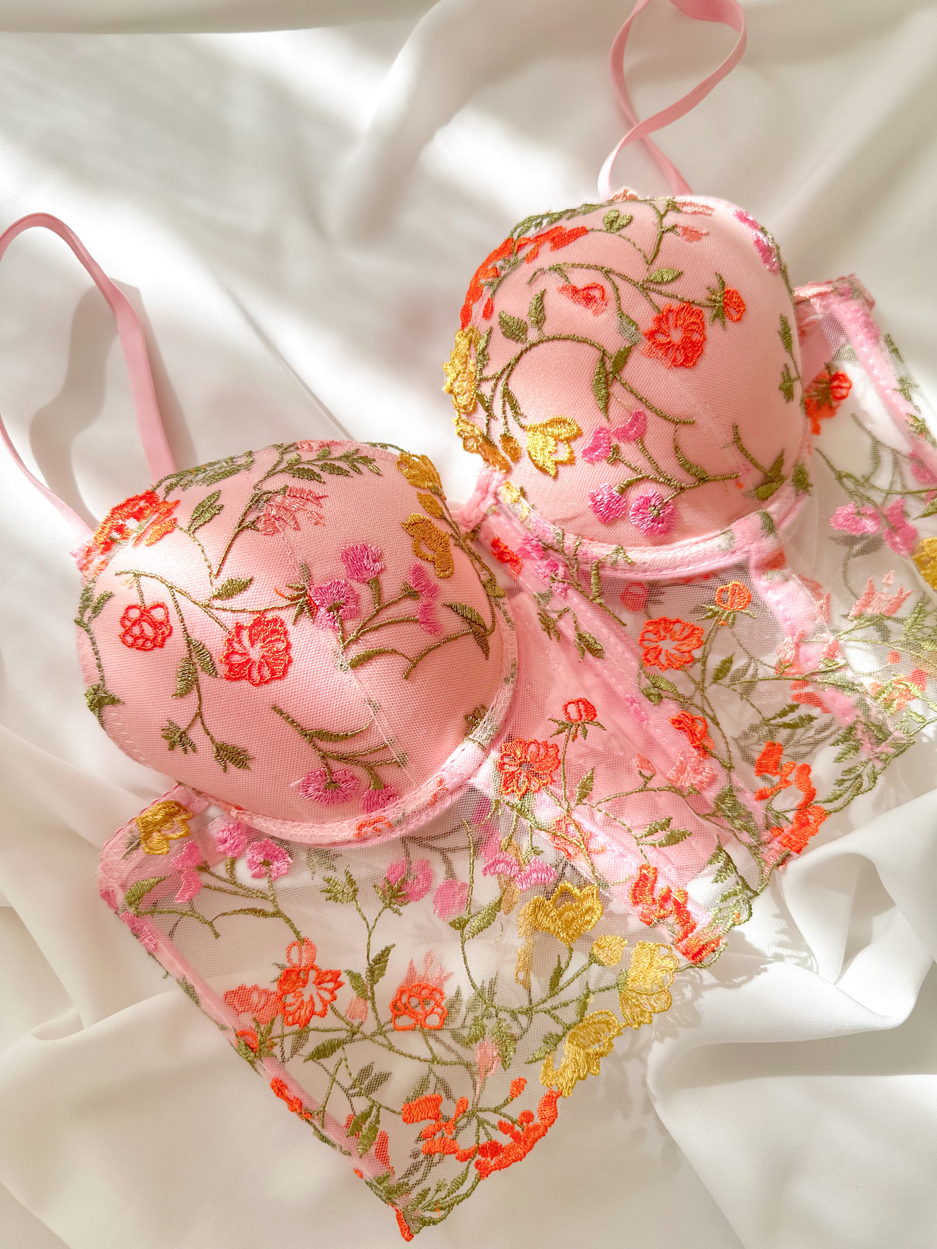 Freesia Çiçekli Balenli Dolgulu Push Up Büstiyer Takımı Pembe