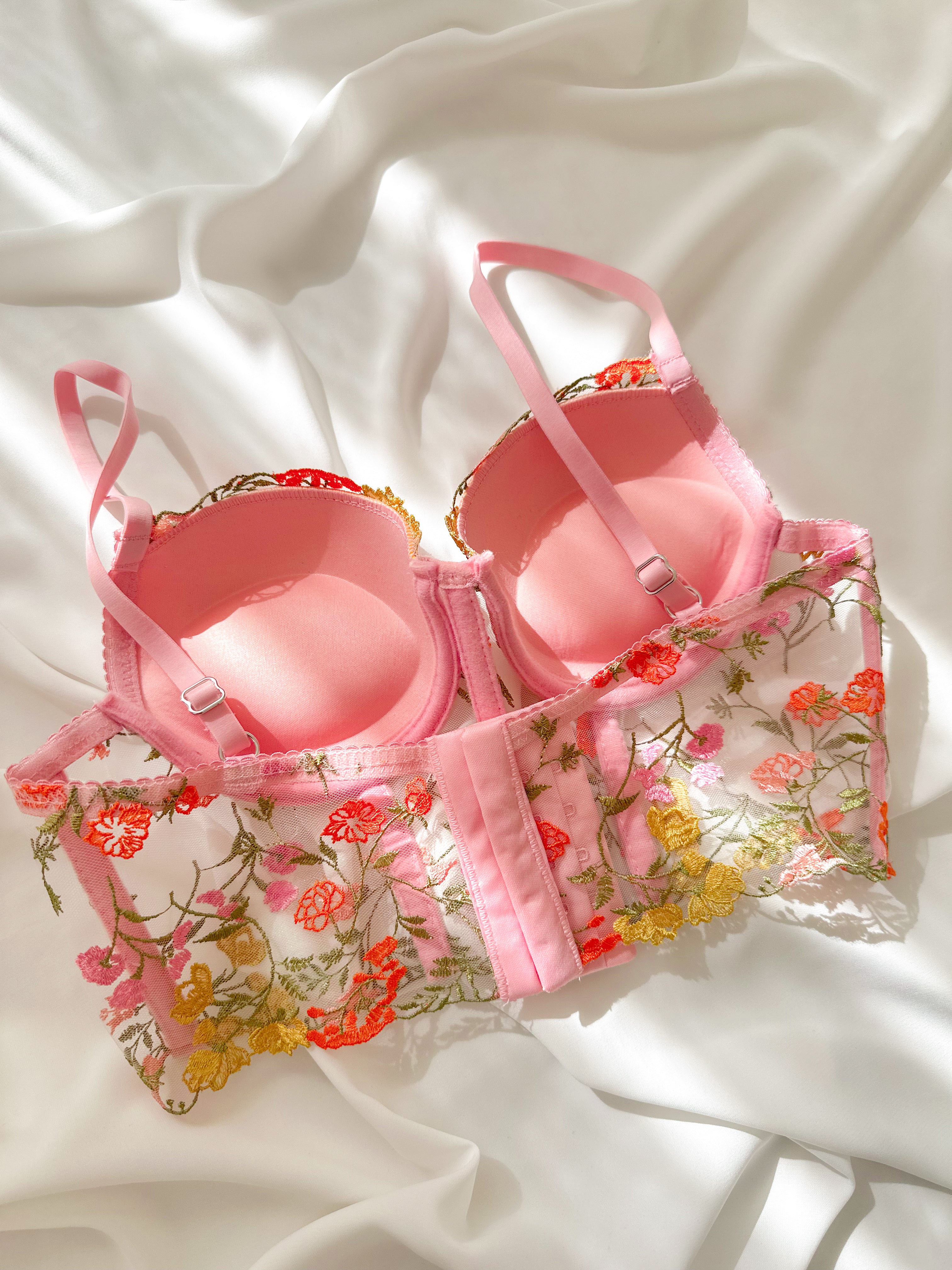 Freesia Çiçekli Balenli Dolgulu Push Up Büstiyer Takımı Pembe