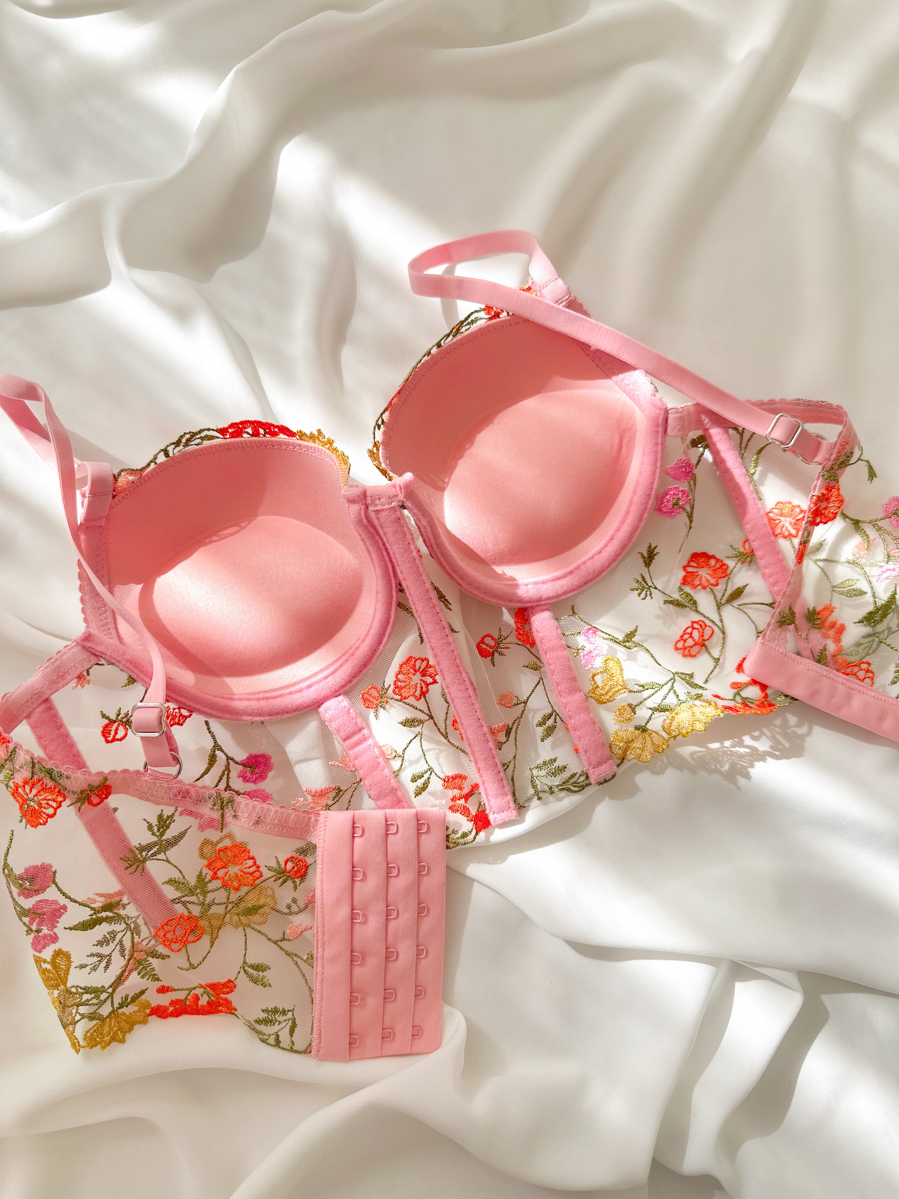 Freesia Çiçekli Balenli Dolgulu Push Up Büstiyer Takımı Pembe