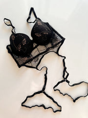 Siyah Desenli Dolgulu Balenli Jartiyerli Büstiyer