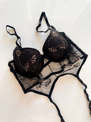 Siyah Desenli Dolgulu Balenli Jartiyerli Büstiyer