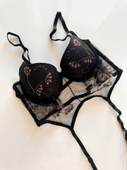 Siyah Desenli Dolgulu Balenli Jartiyerli Büstiyer