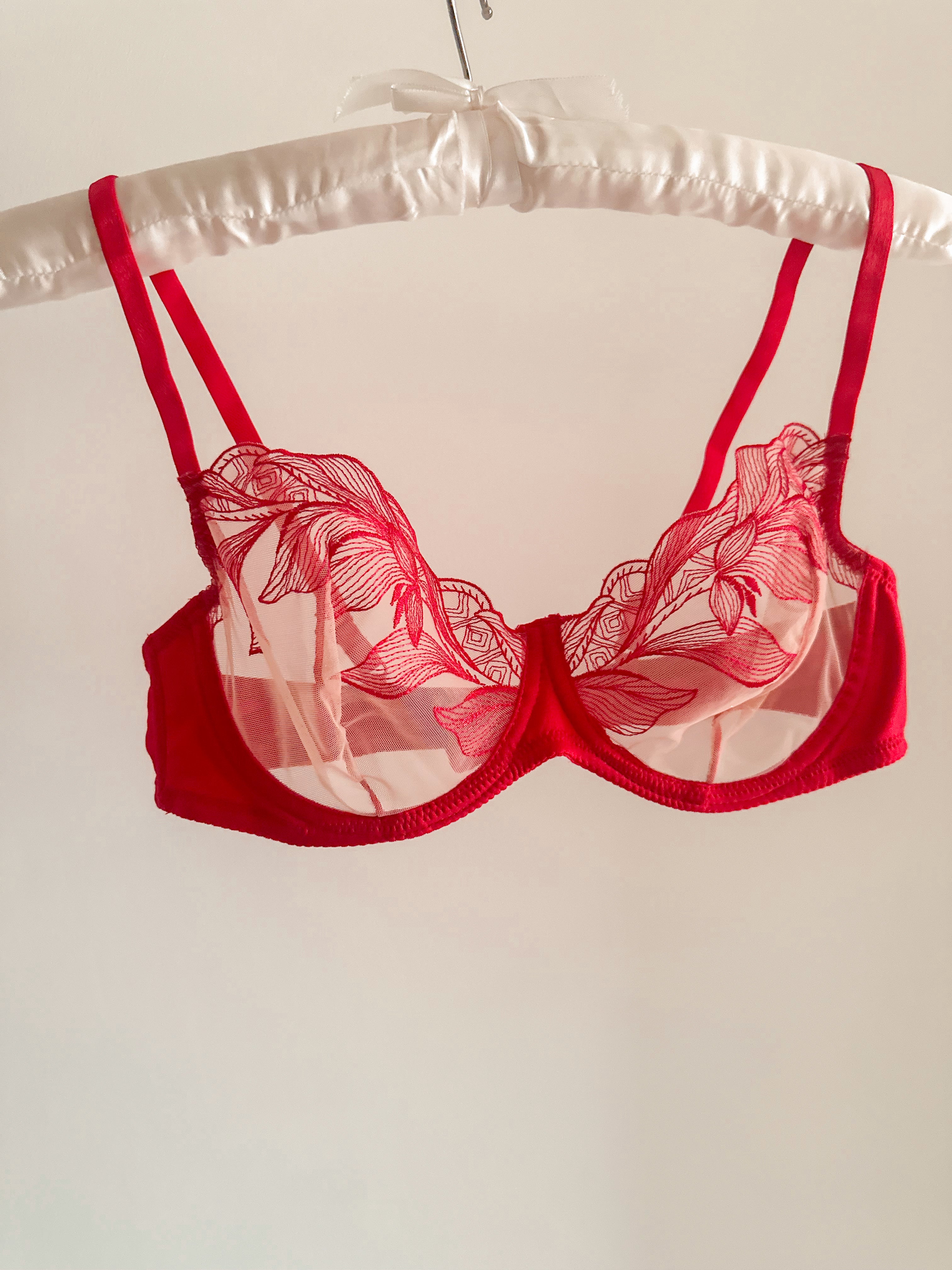 Elena Transparan Çiçekli Balenli Demi Jartiyerli Sütyen Takımı Kırmızı
