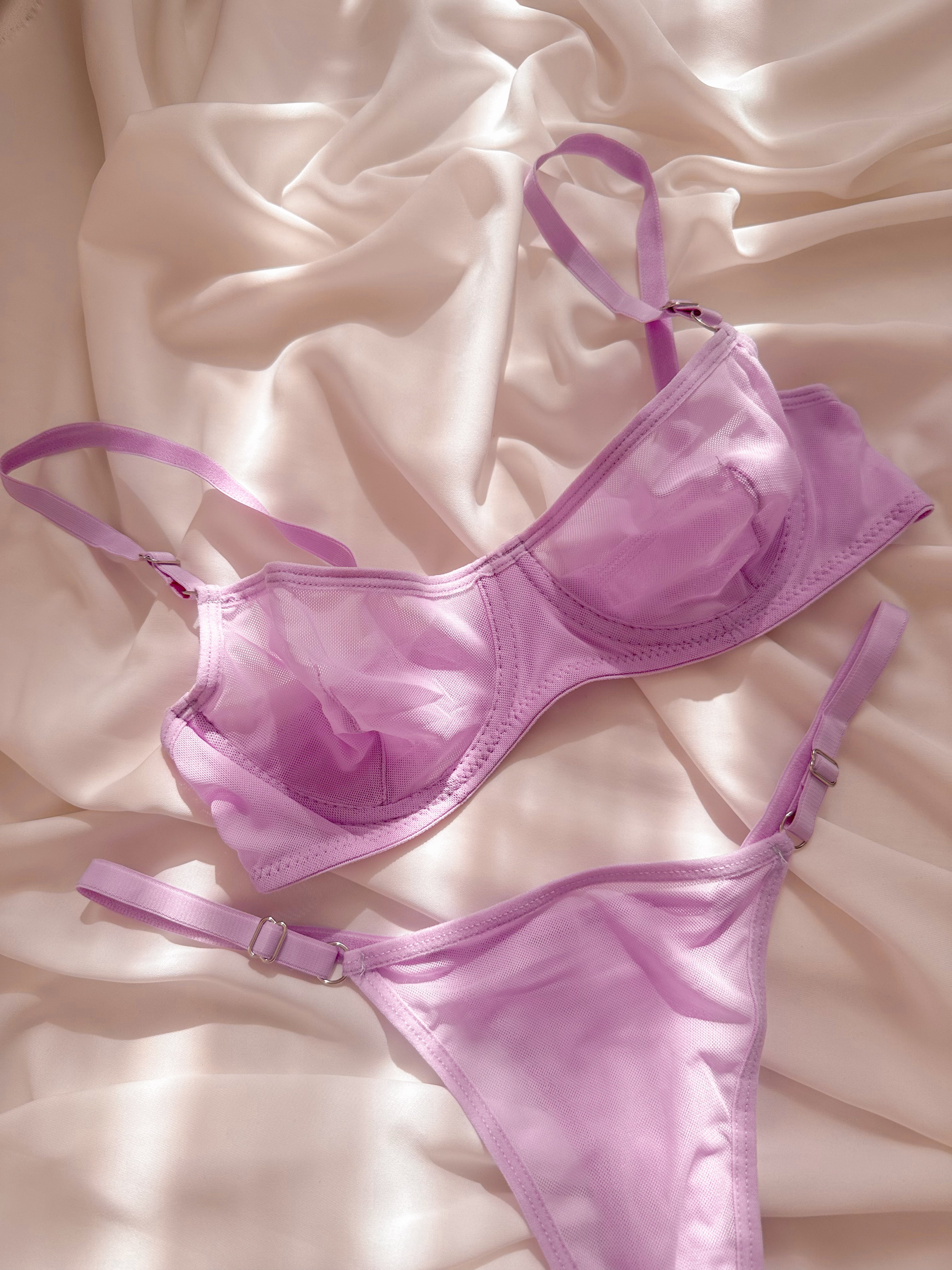 Lilac Basic Transparan Tül Balenli Demi Sütyen Takımı Lila