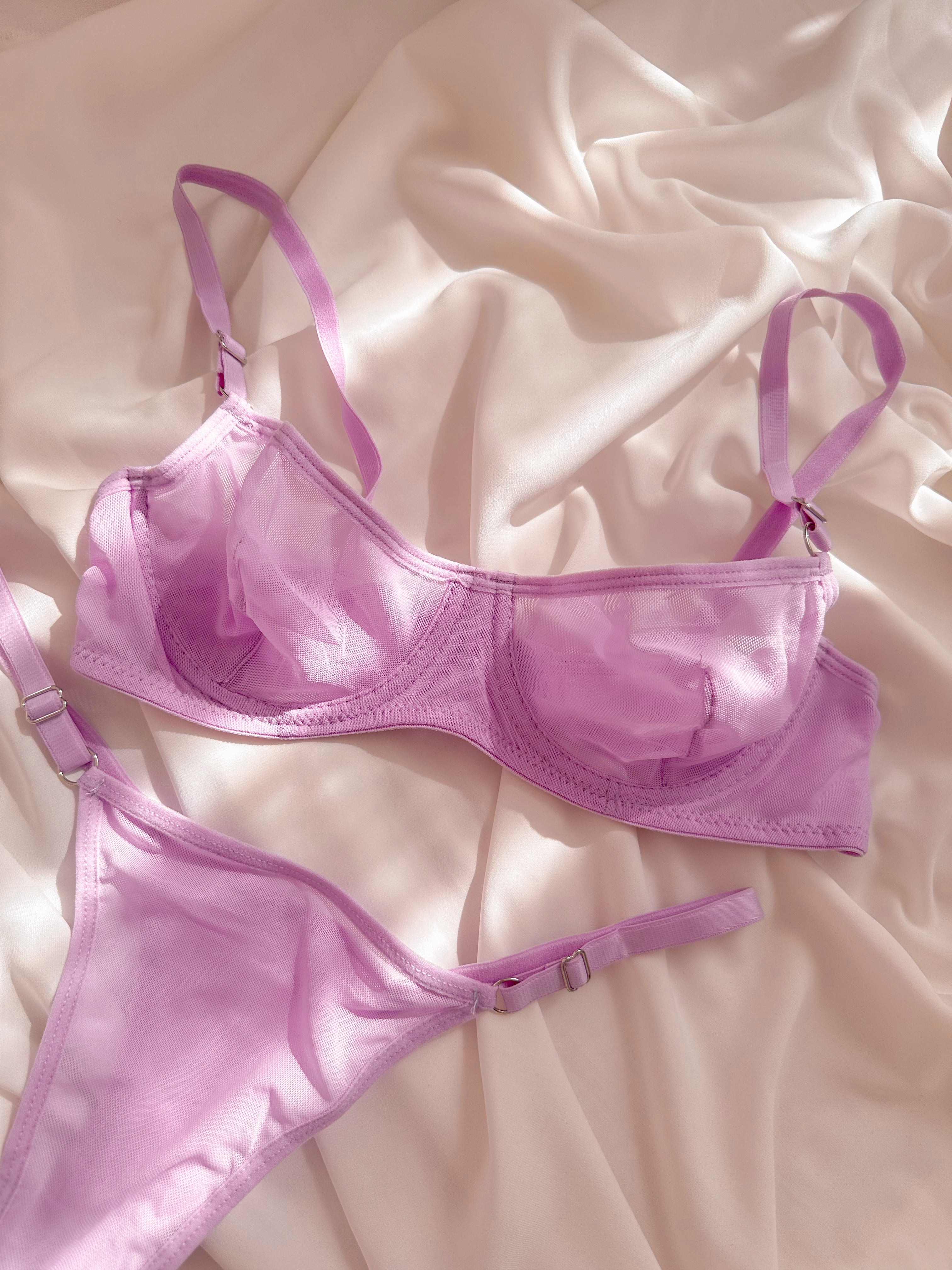 Lilac Basic Transparan Tül Balenli Demi Sütyen Takımı Lila