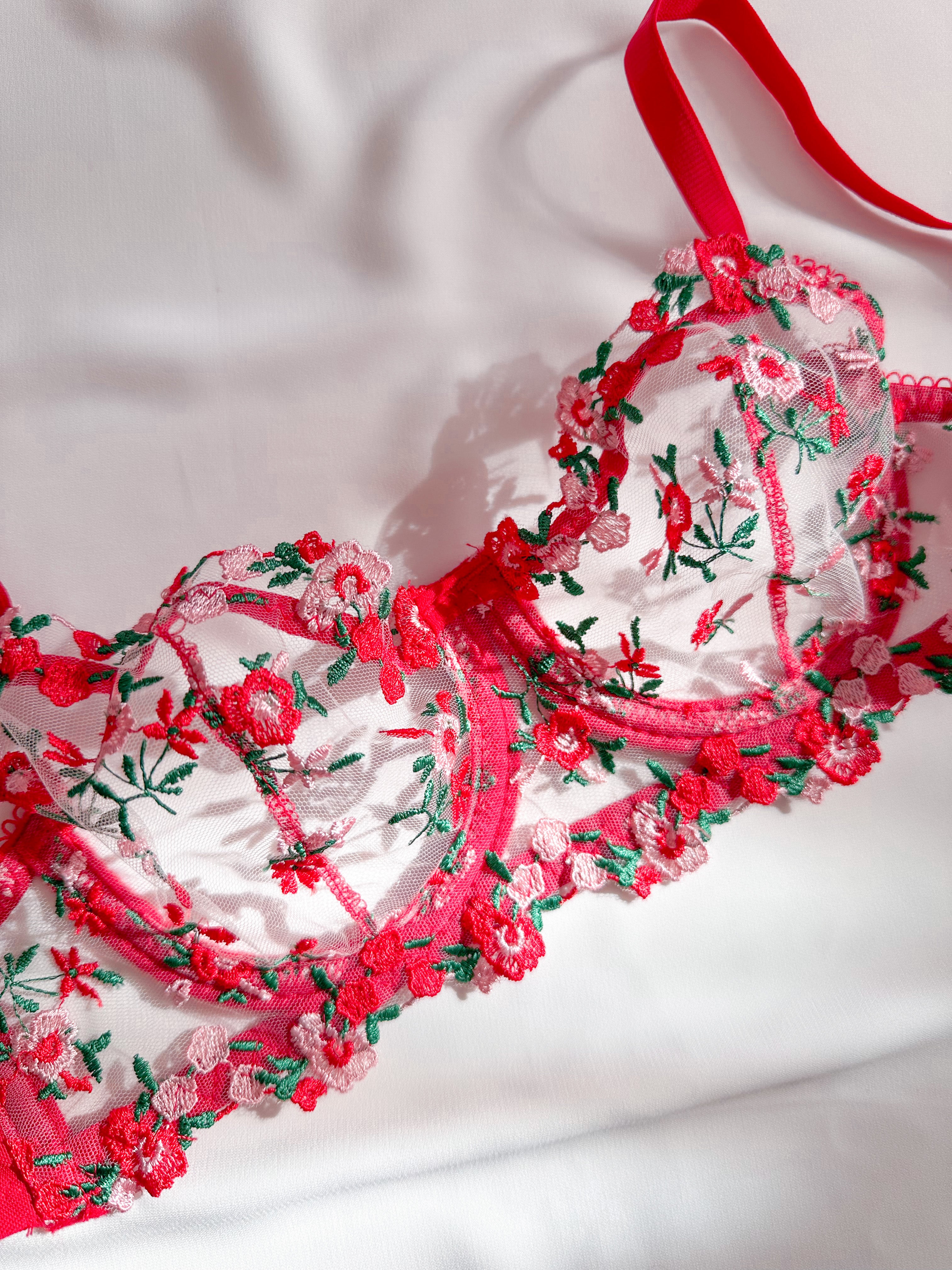 Elena Çiçekli Balenli Balkonet Sütyen Takımı Kırmızı