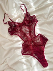 Amor Çiçek Desenli Balenli Balkonet Bodysuit Bordo