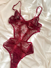 Amor Çiçek Desenli Balenli Balkonet Bodysuit Bordo