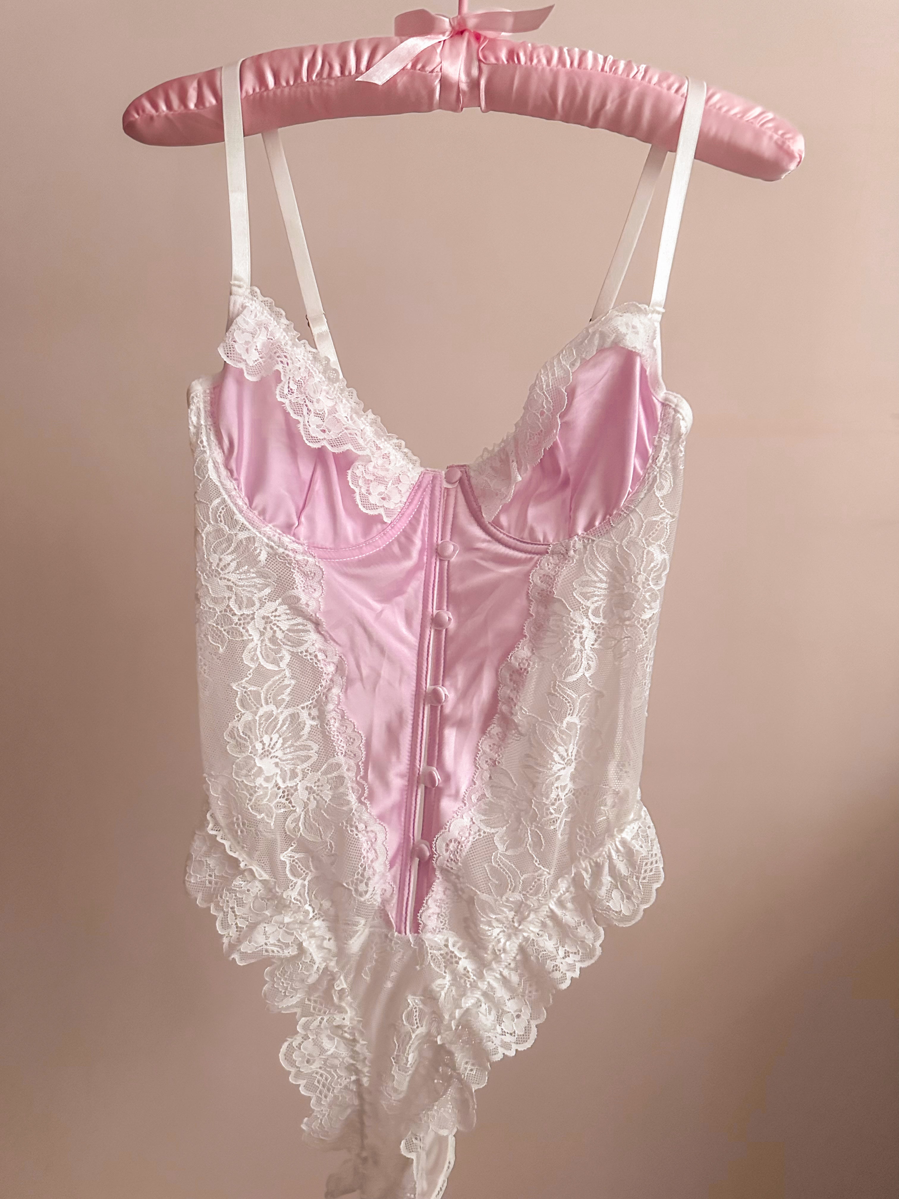 Premium Dantel Detaylı Saten Balenli Bodysuit Pembe