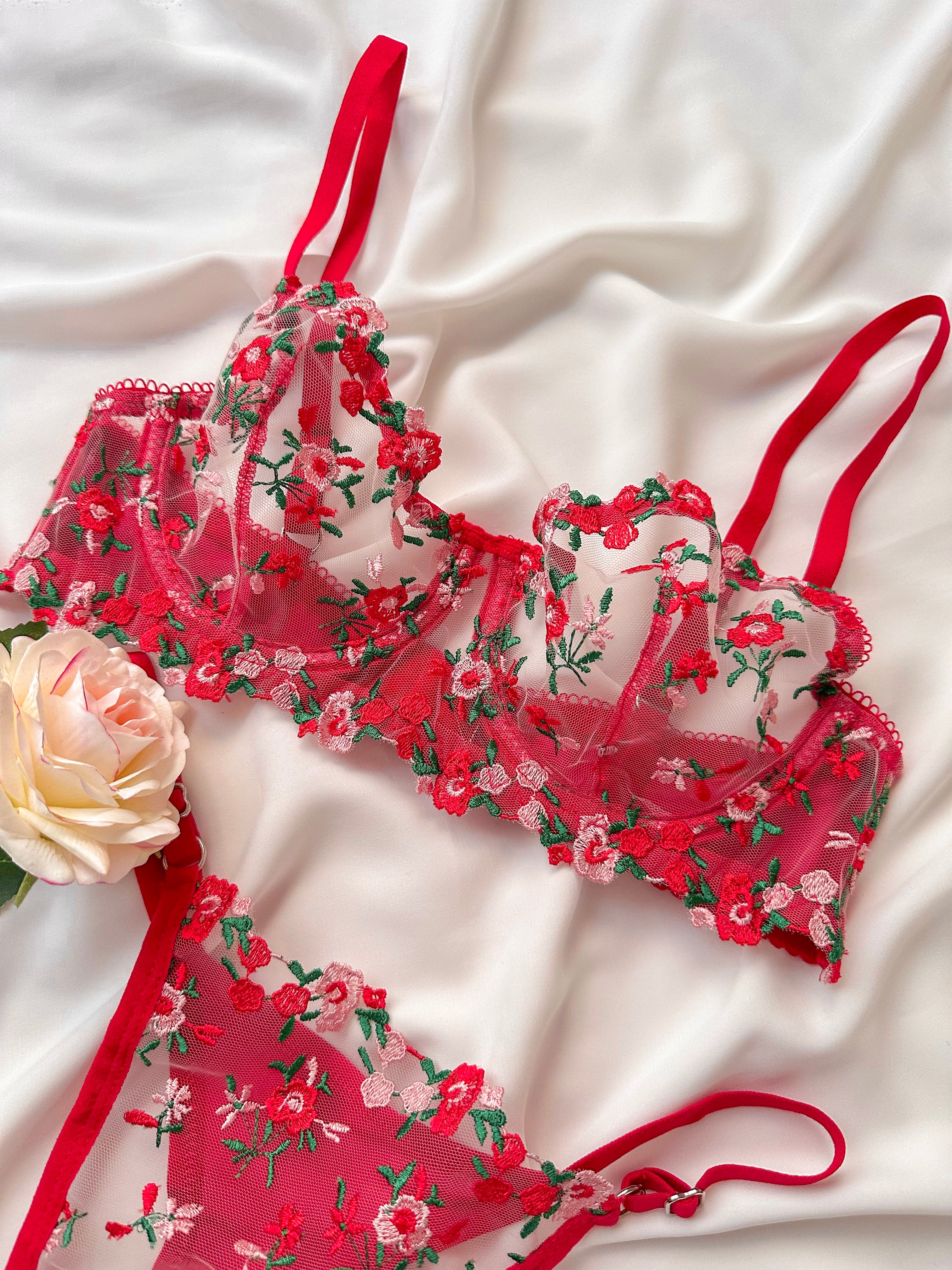 Elena Çiçekli Balenli Balkonet Sütyen Takımı Kırmızı