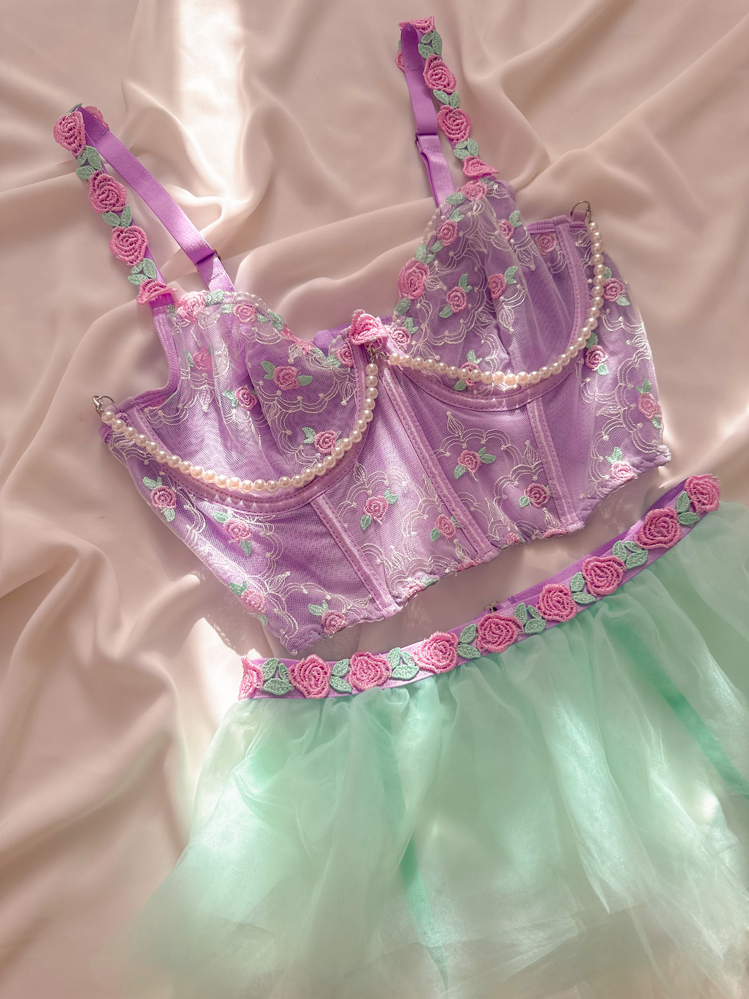 Mermaid Etekli Balenli Jartiyerli Büstiyer Takımı Lila