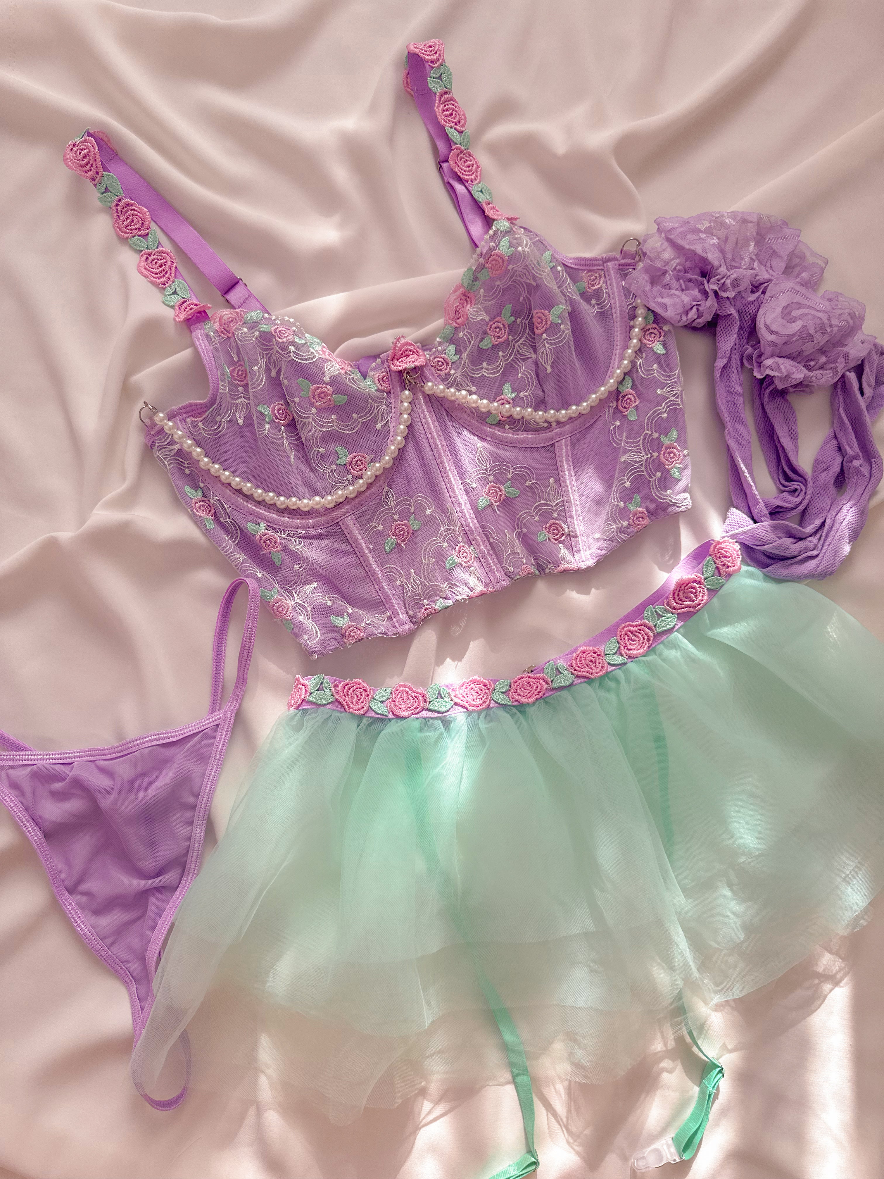 Mermaid Etekli Balenli Jartiyerli Büstiyer Takımı Lila