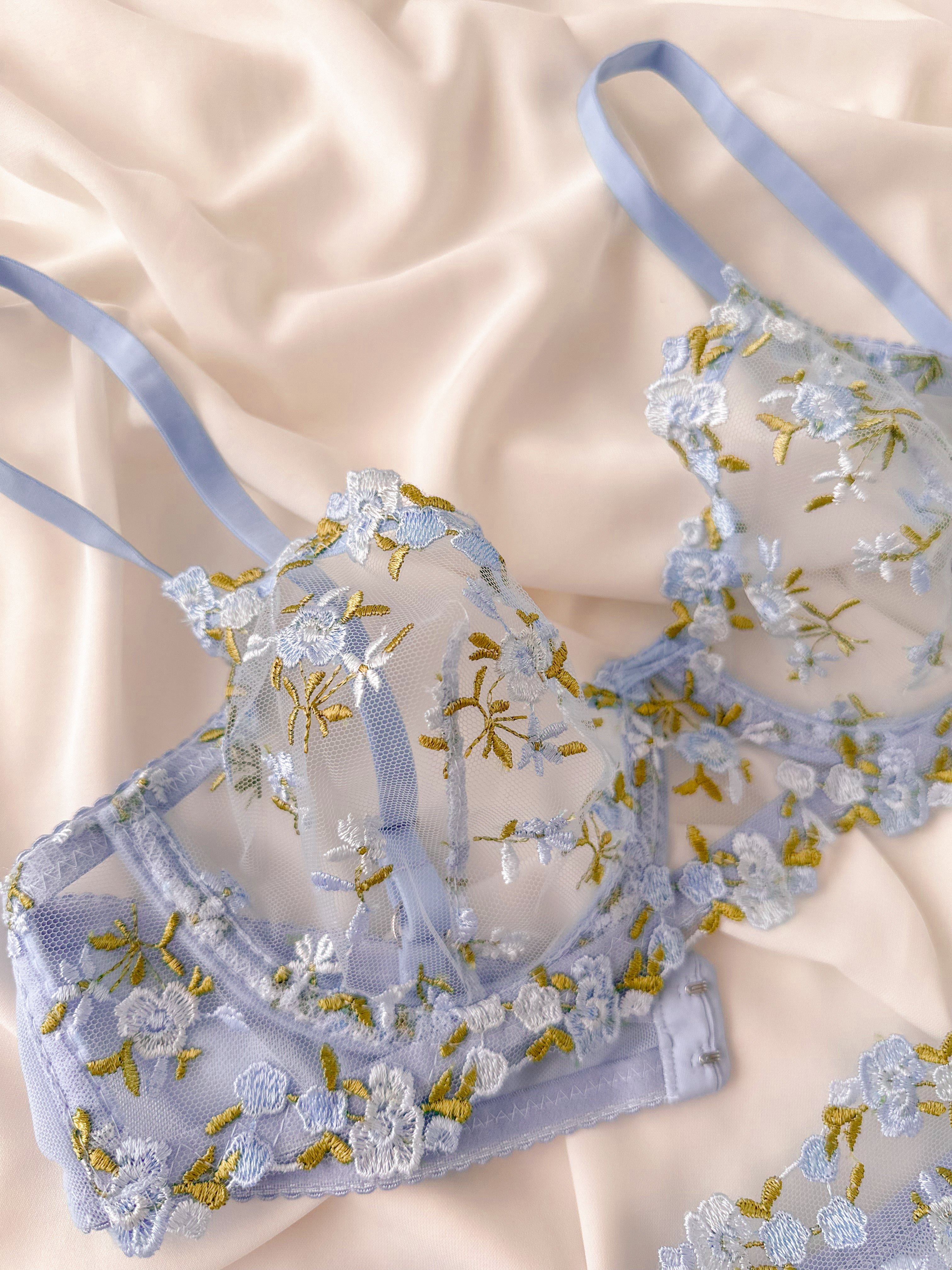 Elsa Çiçekli Balenli Balkonet Sütyen Takımı Mavi