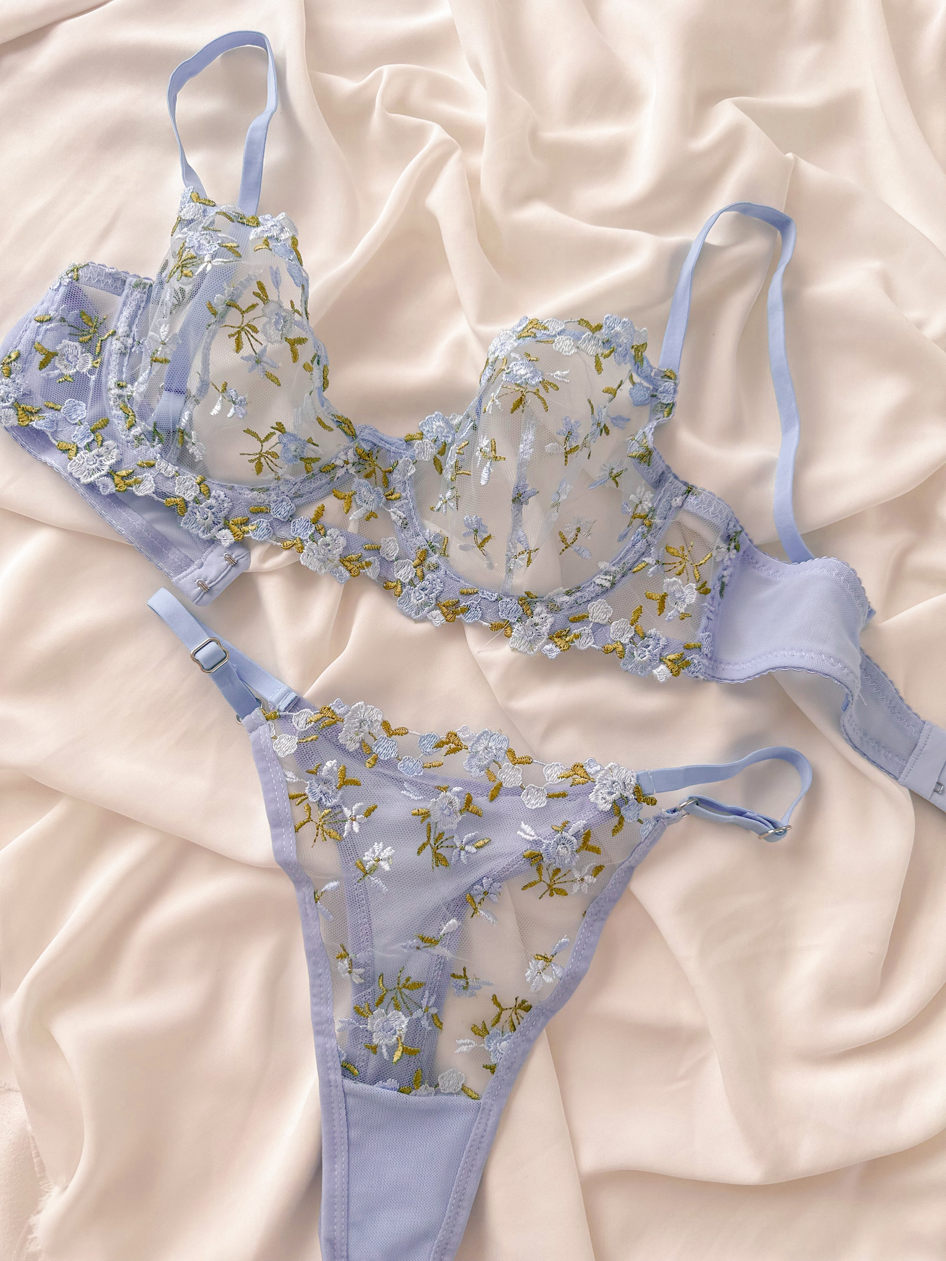 Elsa Çiçekli Balenli Balkonet Sütyen Takımı Mavi