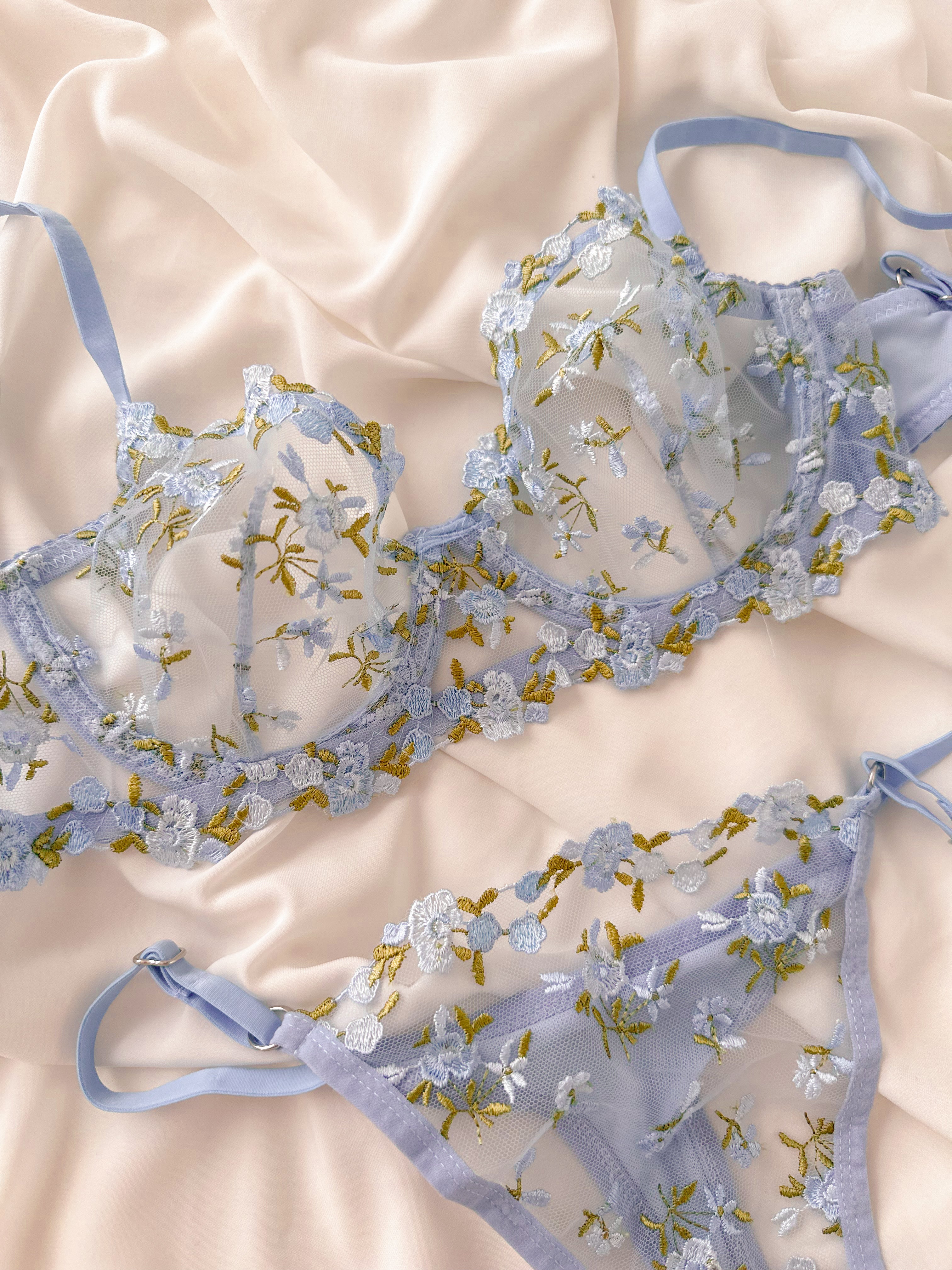 Elsa Çiçekli Balenli Balkonet Sütyen Takımı Mavi