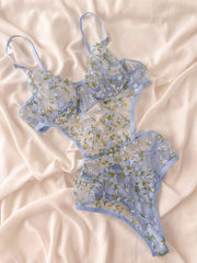 Elsa Çiçekli Balenli Balkonet Bodysuit Mavi