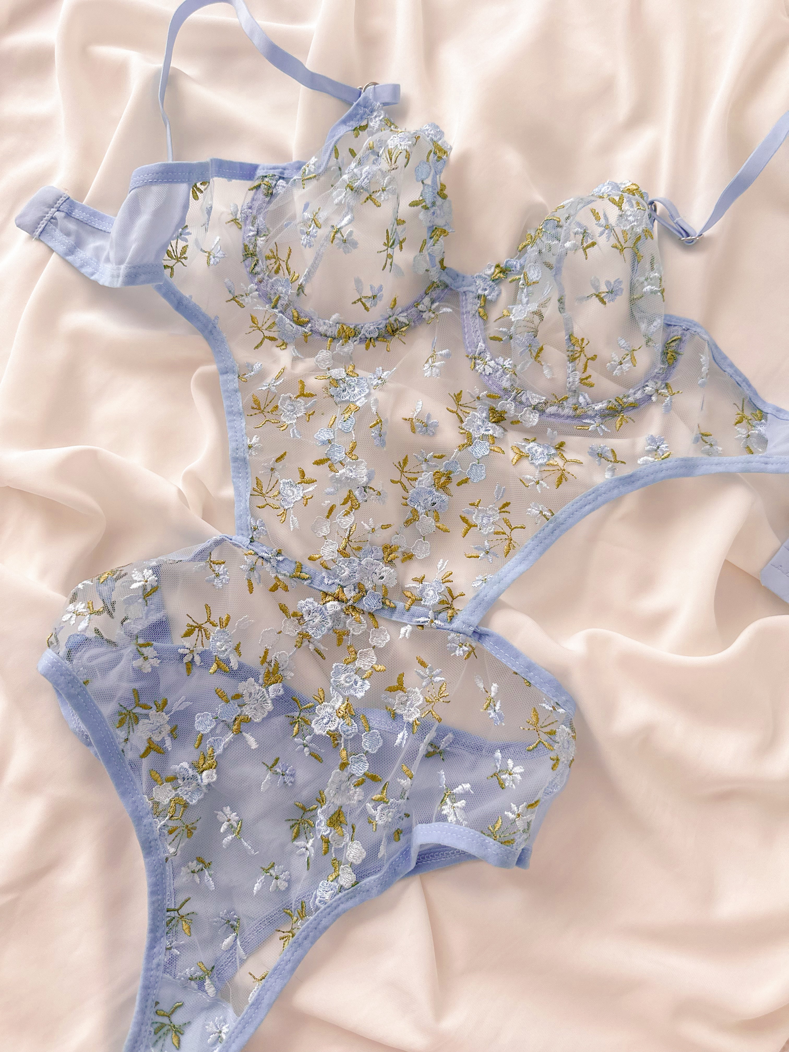 Elsa Çiçekli Balenli Balkonet Bodysuit Mavi