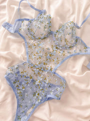 Elsa Çiçekli Balenli Balkonet Bodysuit Mavi