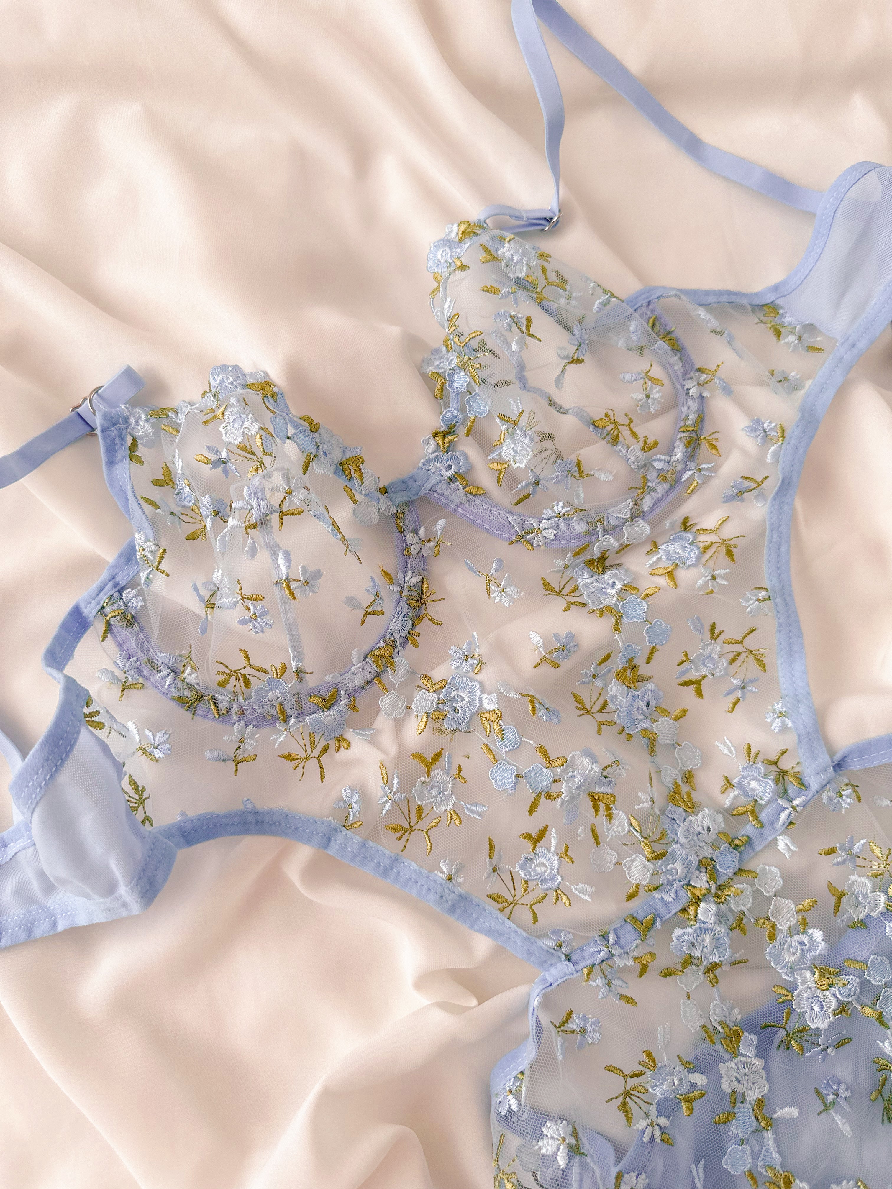 Elsa Çiçekli Balenli Balkonet Bodysuit Mavi