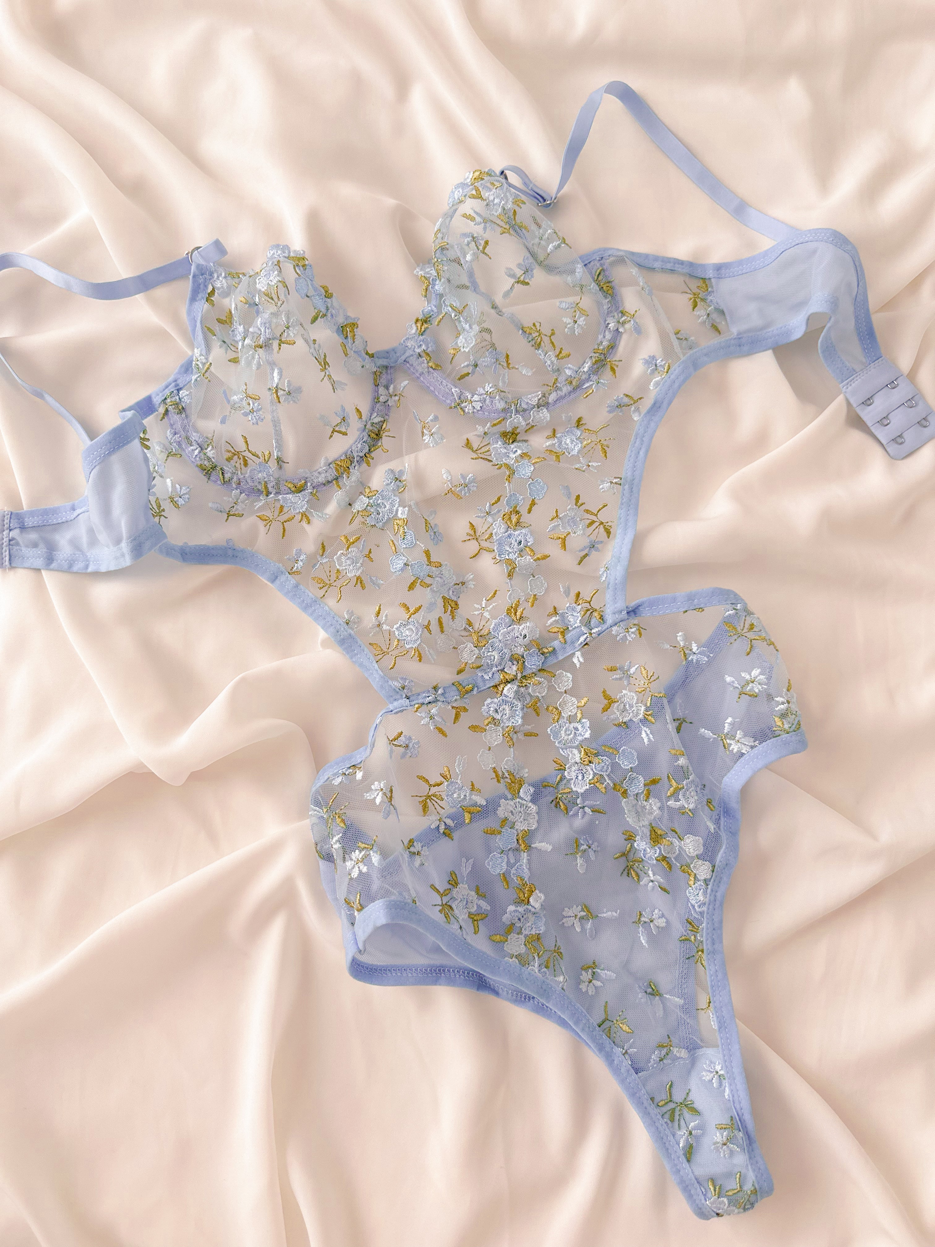 Elsa Çiçekli Balenli Balkonet Bodysuit Mavi