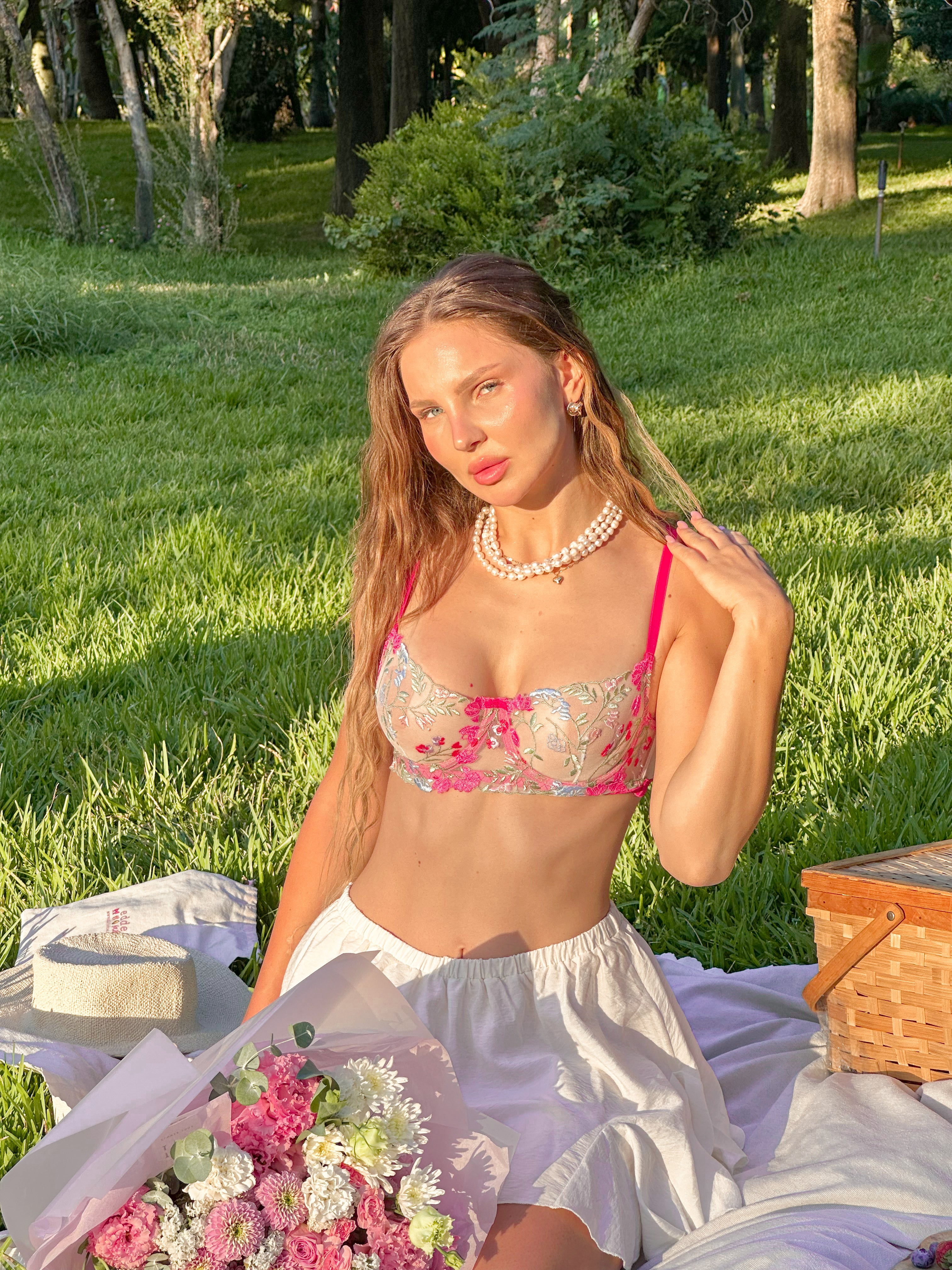 Barbie Renkli Çiçekli Balenli Balkonet Sütyen Takımı Pembe